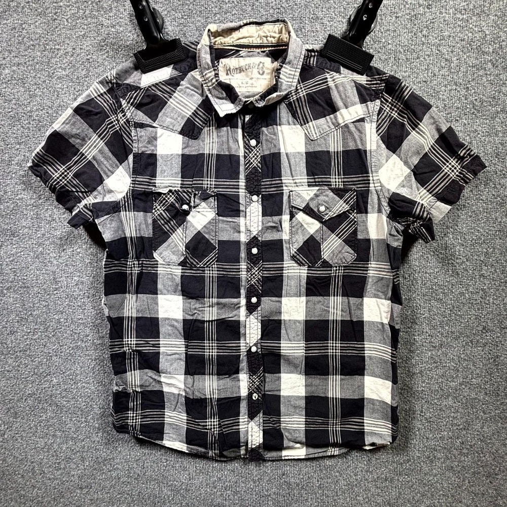 Roebuck & Co. Shirt Mens Large White Black Plaid Pearl Snap Short Sleeve Western